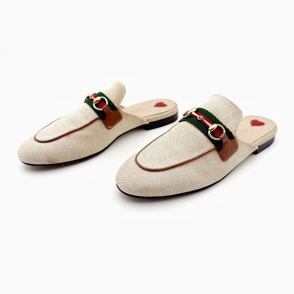 GUCCI Princetown Beige Canvas Mule Size 36.5 Horsebit Slip On Loafer Web Stripe - Picture 11 of 11